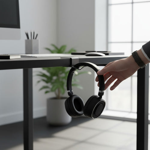 Doctor Desk aluminium headphone hook mounted on a black desk edge holding black over-ear headphones in an office
