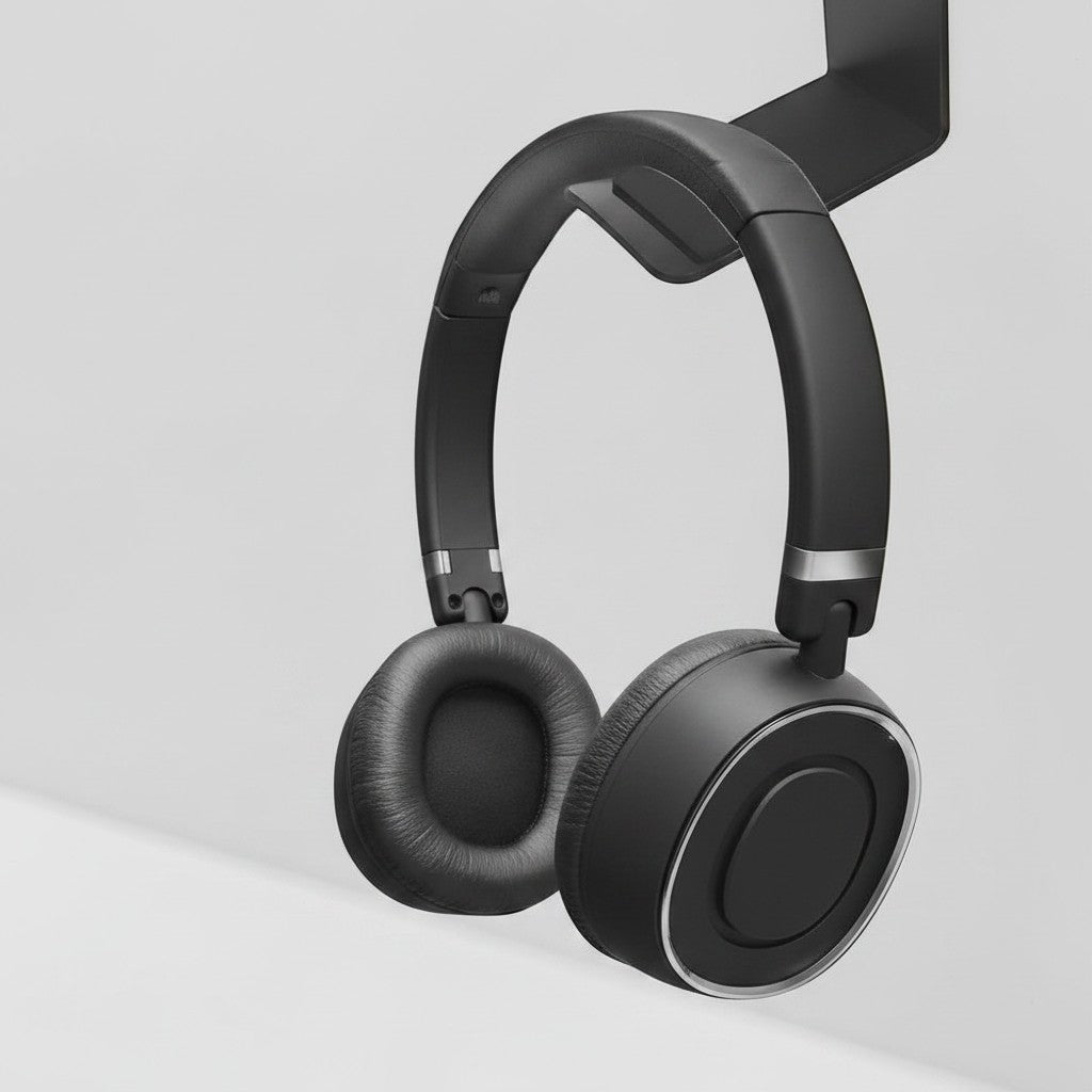 Doctor Desk black aluminium headphone hanger wall mount holding a pair of black over-ear headphones.