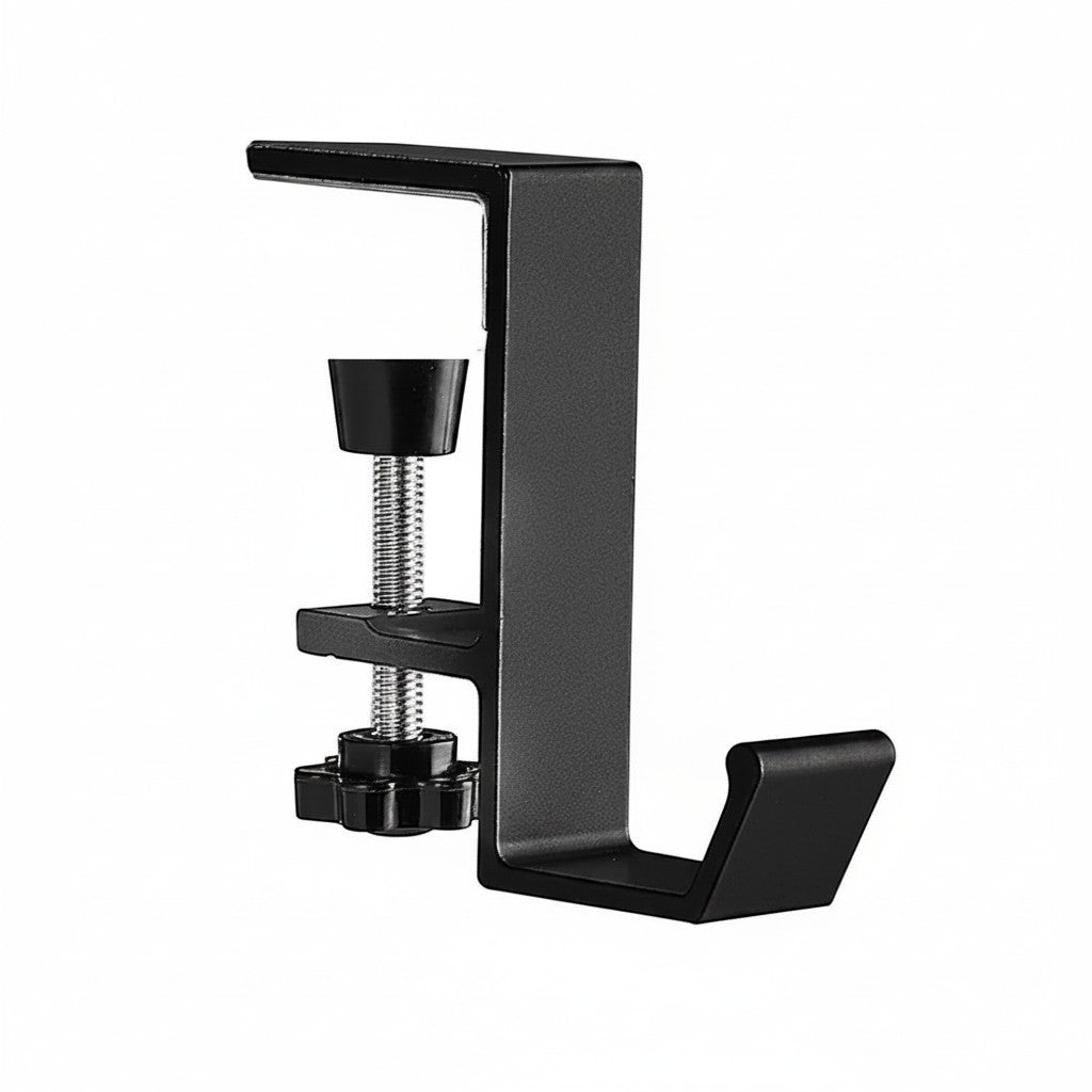 Doctor Desk black metal adjustable headset hook with a screw-clamp mechanism for desk edges