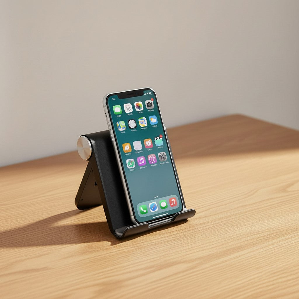 Doctor Desk black foldable phone stand holding a smartphone on a wooden desk surface