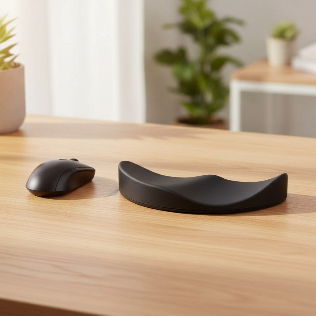 Doctor Desk ergonomic black gel mouse wrist rest with a non-slip base on a wooden desk next to a computer mouse.