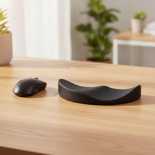 Doctor Desk ergonomic black gel mouse wrist rest with a non-slip base on a wooden desk next to a computer mouse.