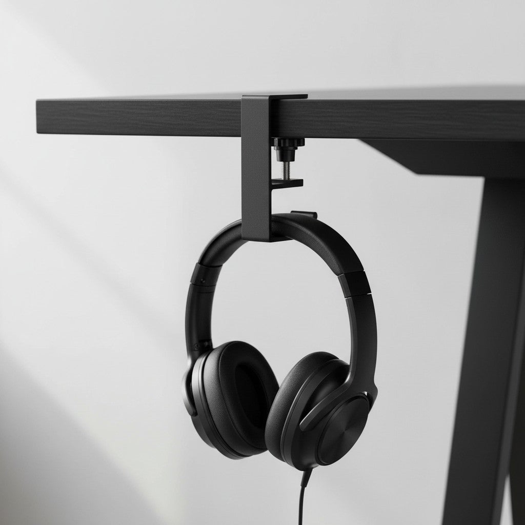 Doctor Desk black adjustable punch-free headset hanger clamped to a desk edge holding black over-ear headphones