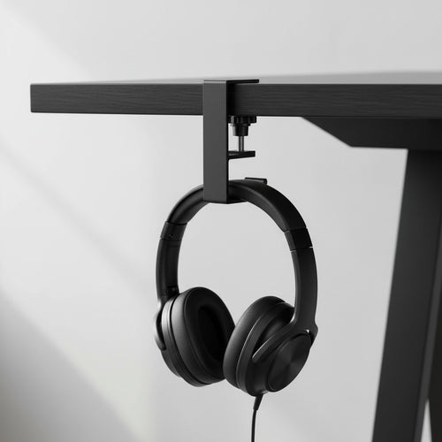 Doctor Desk black adjustable punch-free headset hanger clamped to a desk edge holding black over-ear headphones