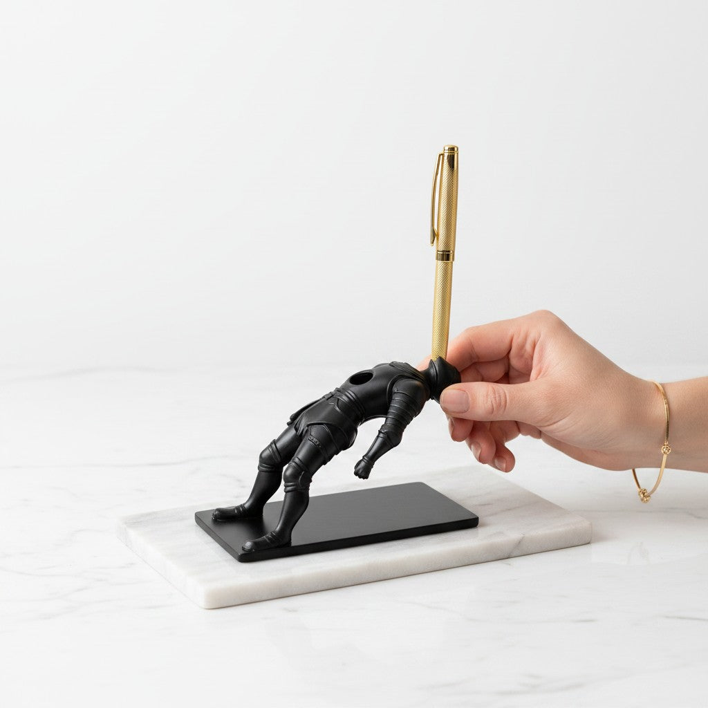 Doctor Desk black resin kneeling knight pen holder figurine on a white marble base with a gold pen
