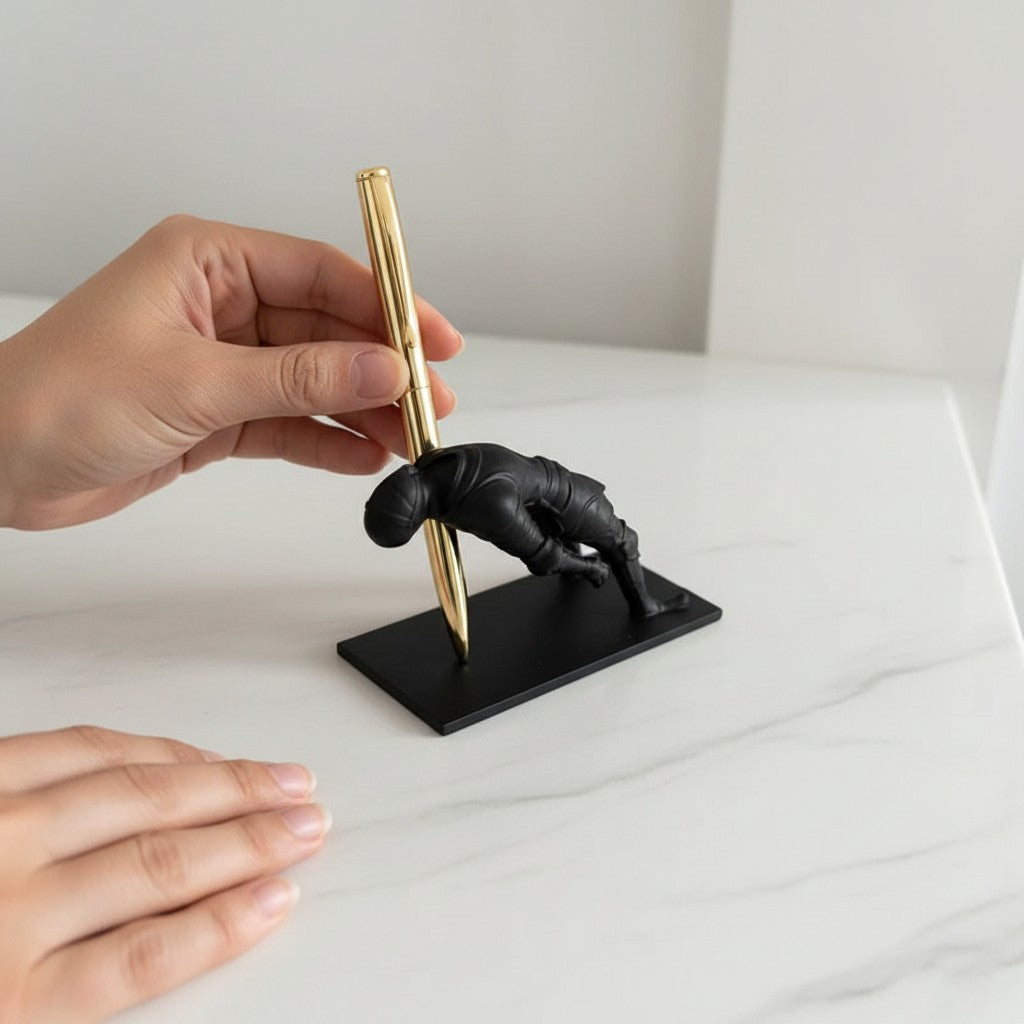 Doctor Desk black resin kneeling knight pen holder figurine on a white marble desk surface holding a gold pen
