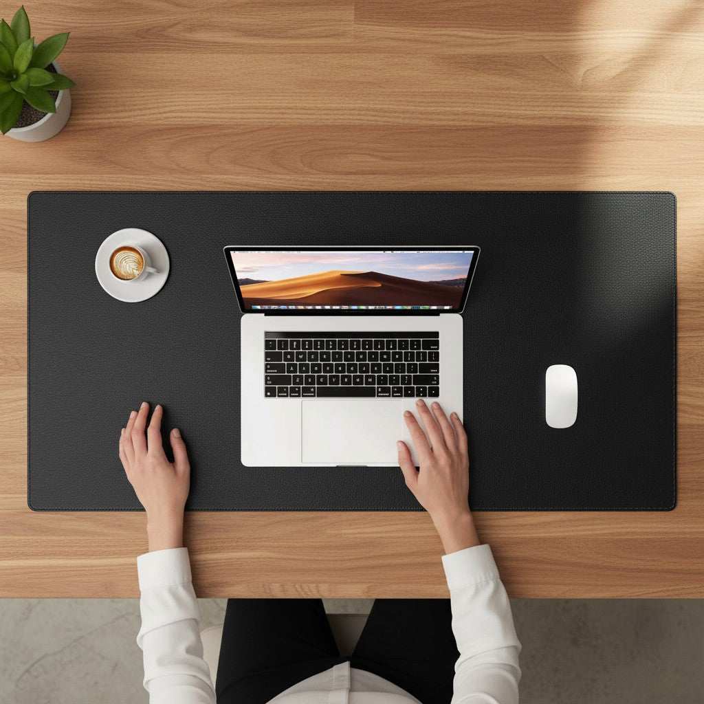 Doctor Desk black PU leather desk mat with stitched edges on a wooden office desk with a laptop and coffee cup