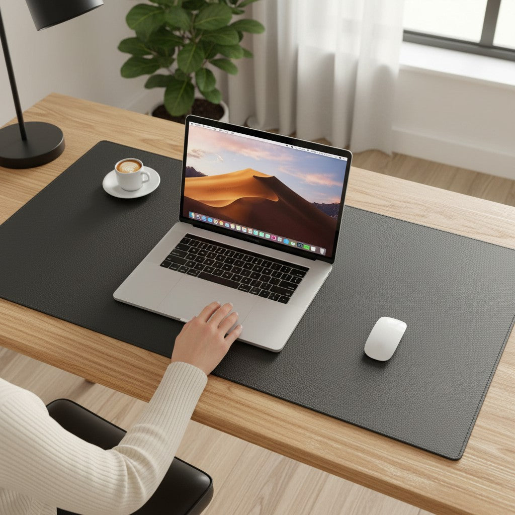 Doctor Desk black PU leather desk mat with stitched edges on a wooden office desk with a laptop and coffee cup