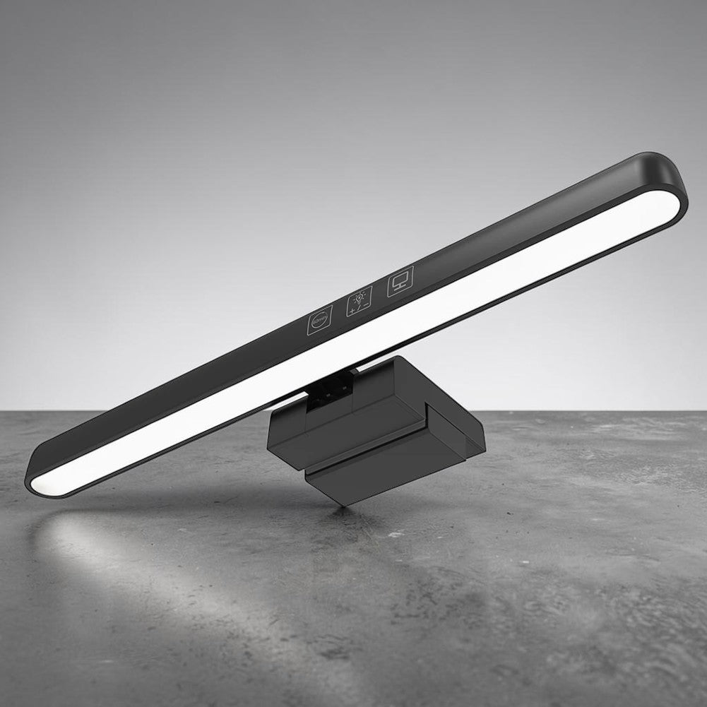 Doctor Desk black LED monitor light bar with touch controls for glare-free desk illumination and reduced eye strain.
