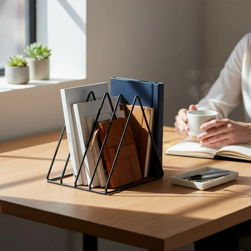 Doctor Desk minimal black metal 5-slot vertical document and book rack holding notebooks on a wooden office desk.