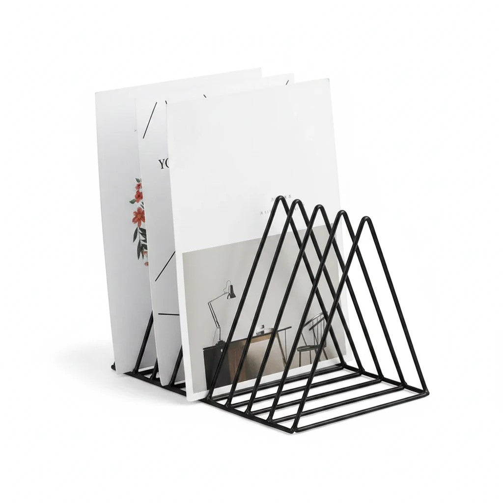 Doctor Desk black metal 5-slot vertical document rack holding books and folders on a white background