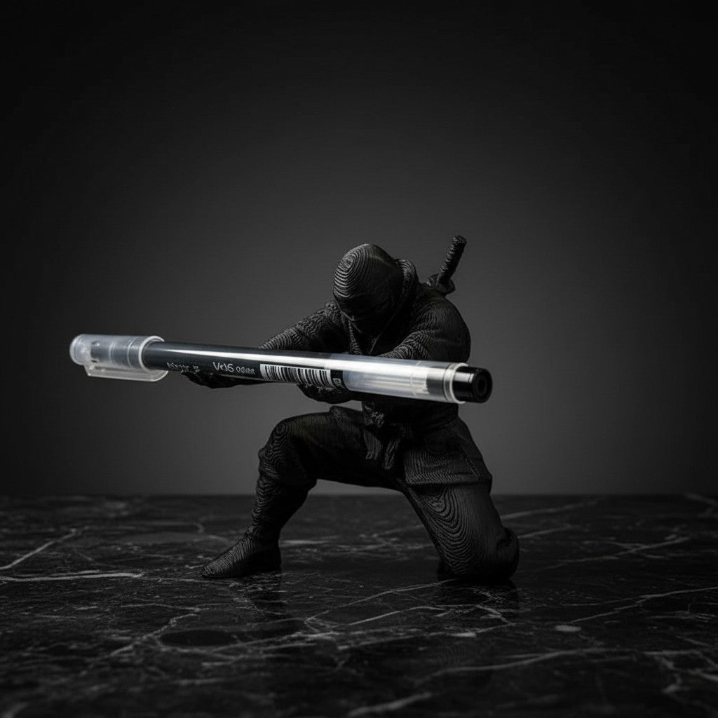 Doctor Desk 3D printed black ninja figurine pen holder in a dynamic kneeling pose on a dark marble surface.