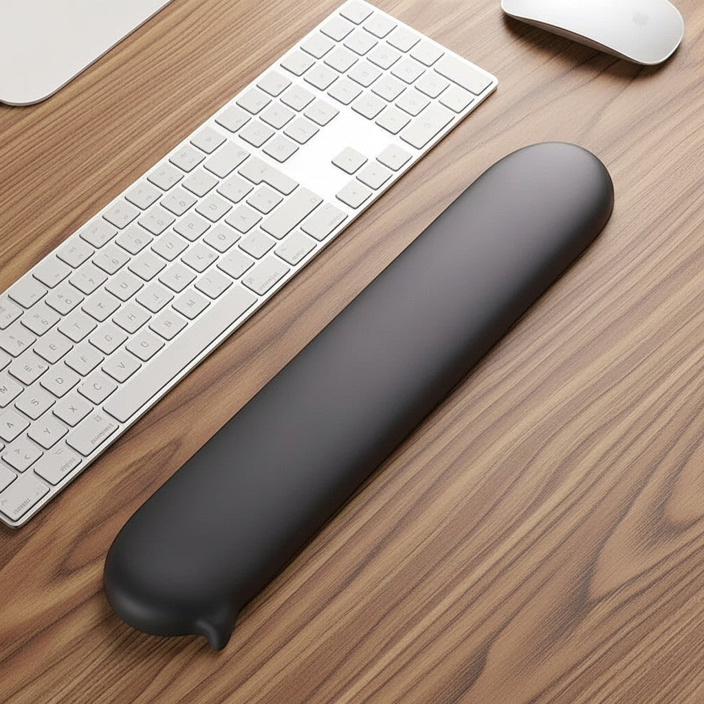 Doctor Desk black silicone ergonomic wrist rest on a wooden desk next to a white keyboard.