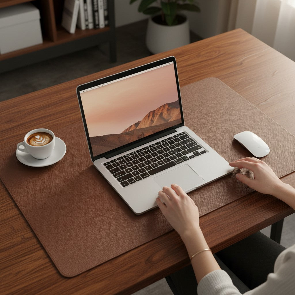 Doctor Desk brown PU leather desk mat with stitched edges on a wooden desk with a laptop, mouse, and coffee cup.