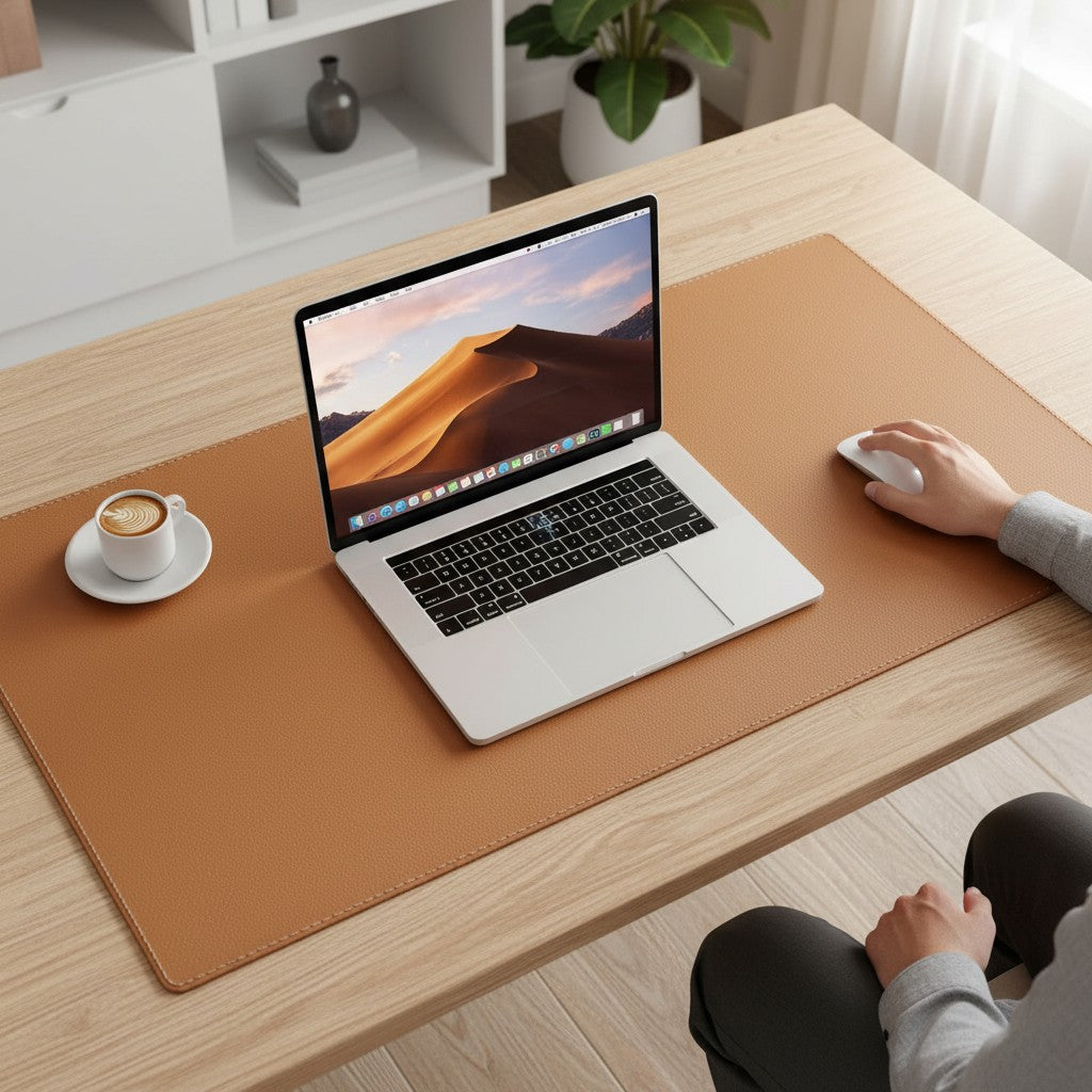 Doctor Desk brown PU leather desk mat with stitched edges on a wooden desk with a laptop and coffee cup