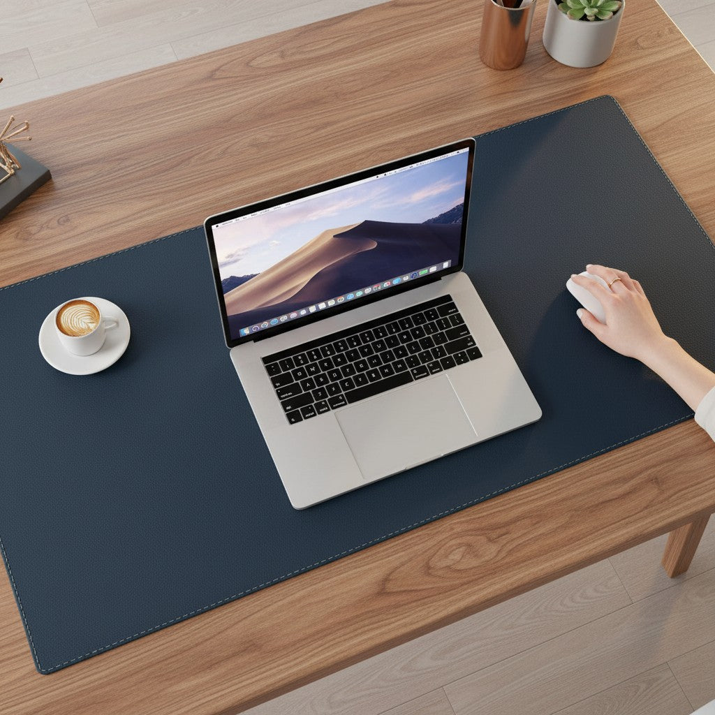 Doctor Desk dark blue PU leather desk mat with stitched edges on a wooden office desk with a laptop and coffee cup.