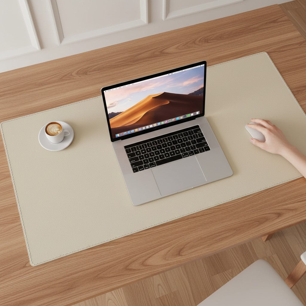 Doctor Desk eggshell PU leather desk mat with stitched edges, laptop, and coffee cup on a wooden desk surface.