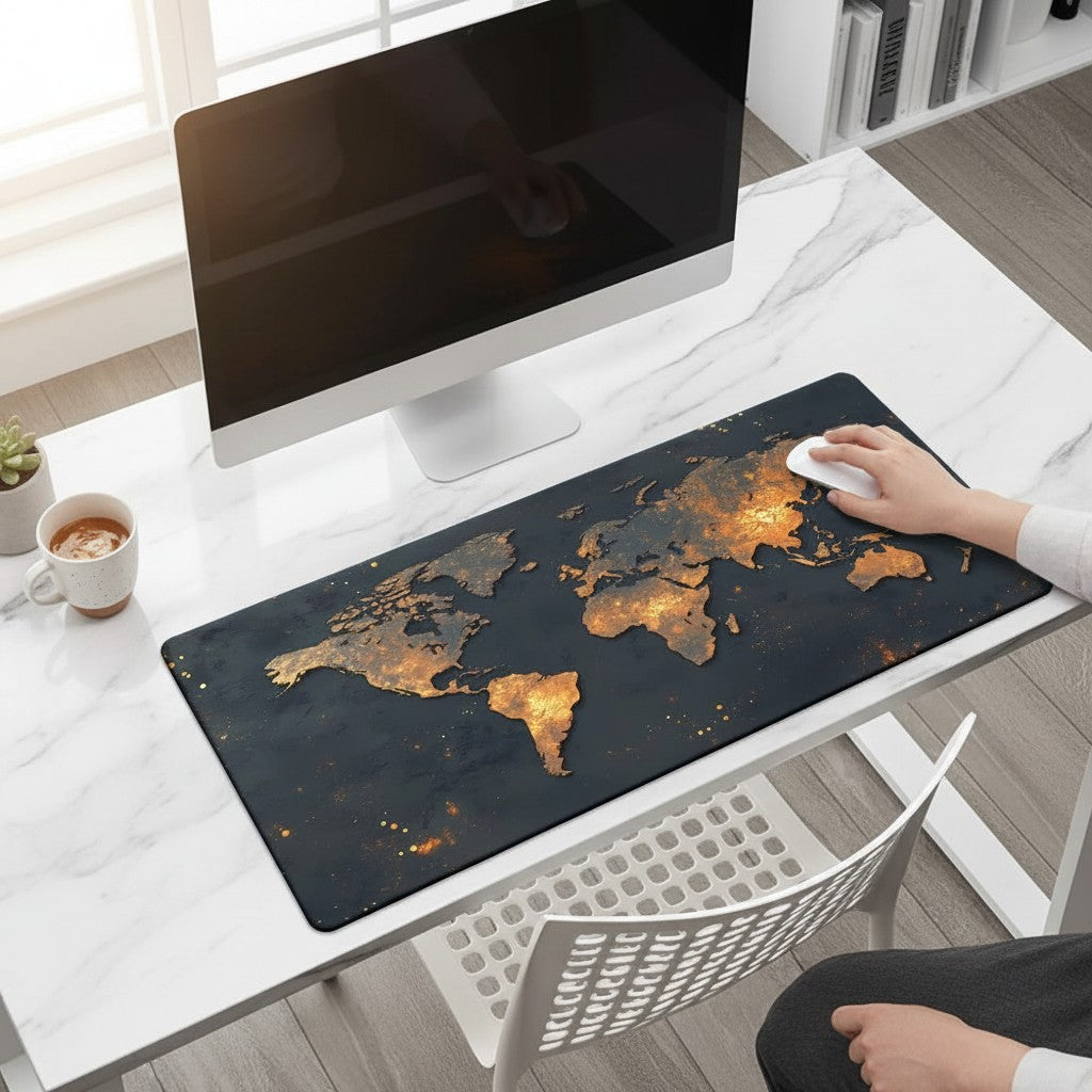 Doctor Desk XXL desk mat with a gold world map print on black rubber, featuring stitched edges on a white desk.
