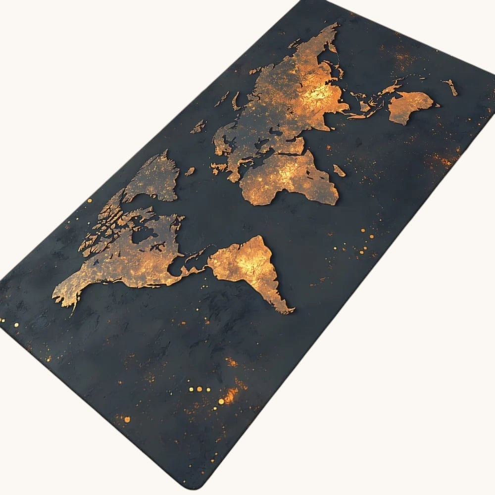 Doctor Desk XXL desk mat featuring a detailed gold world map print on a black background with stitched edges.