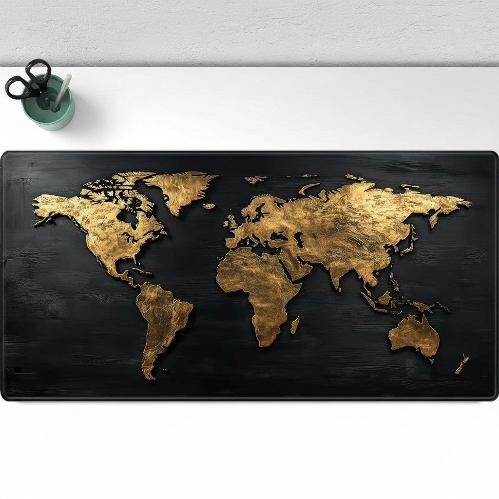 Doctor Desk XXL desk mat featuring a detailed gold world map print on a black background with stitched edges.