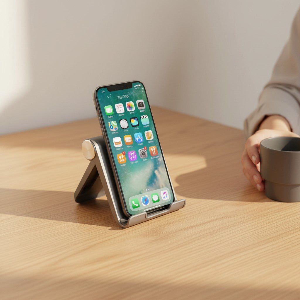 Doctor Desk grey foldable phone stand holding a smartphone on a wooden desk with a person holding a mug nearby.