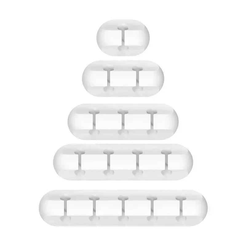 Doctor Desk grey silicone cable clips set featuring five different sizes from one to five slots for desk organization.