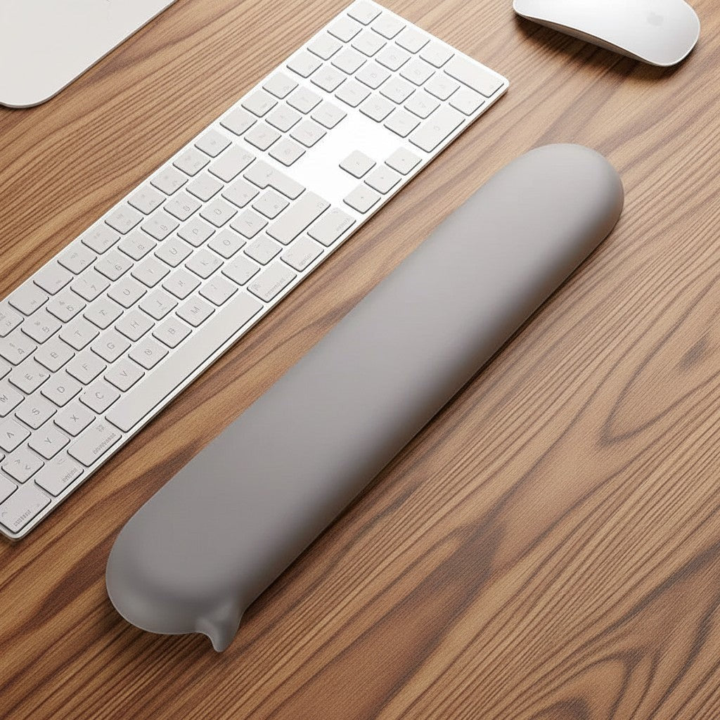 Doctor Desk grey silicone ergonomic keyboard wrist rest on a wooden desk next to a white keyboard