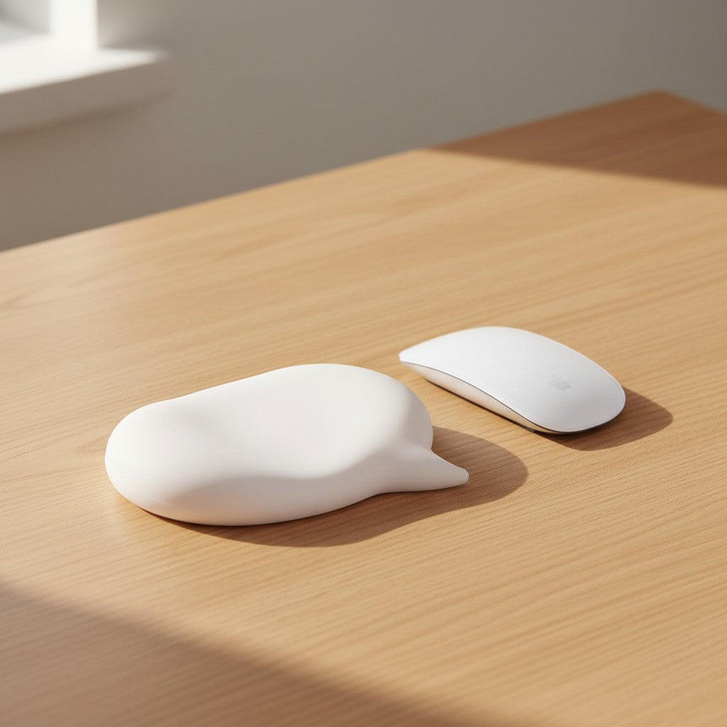 Doctor Desk ergonomic grey silicone mouse wrist rest with bubble shape on a wooden desk next to a white mouse