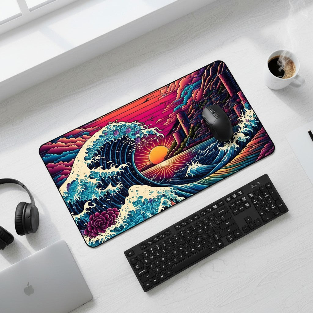 Doctor Desk XXL Japanese wave desk mat with vibrant sunset art, stitched edges, and non-slip rubber base on a desk.