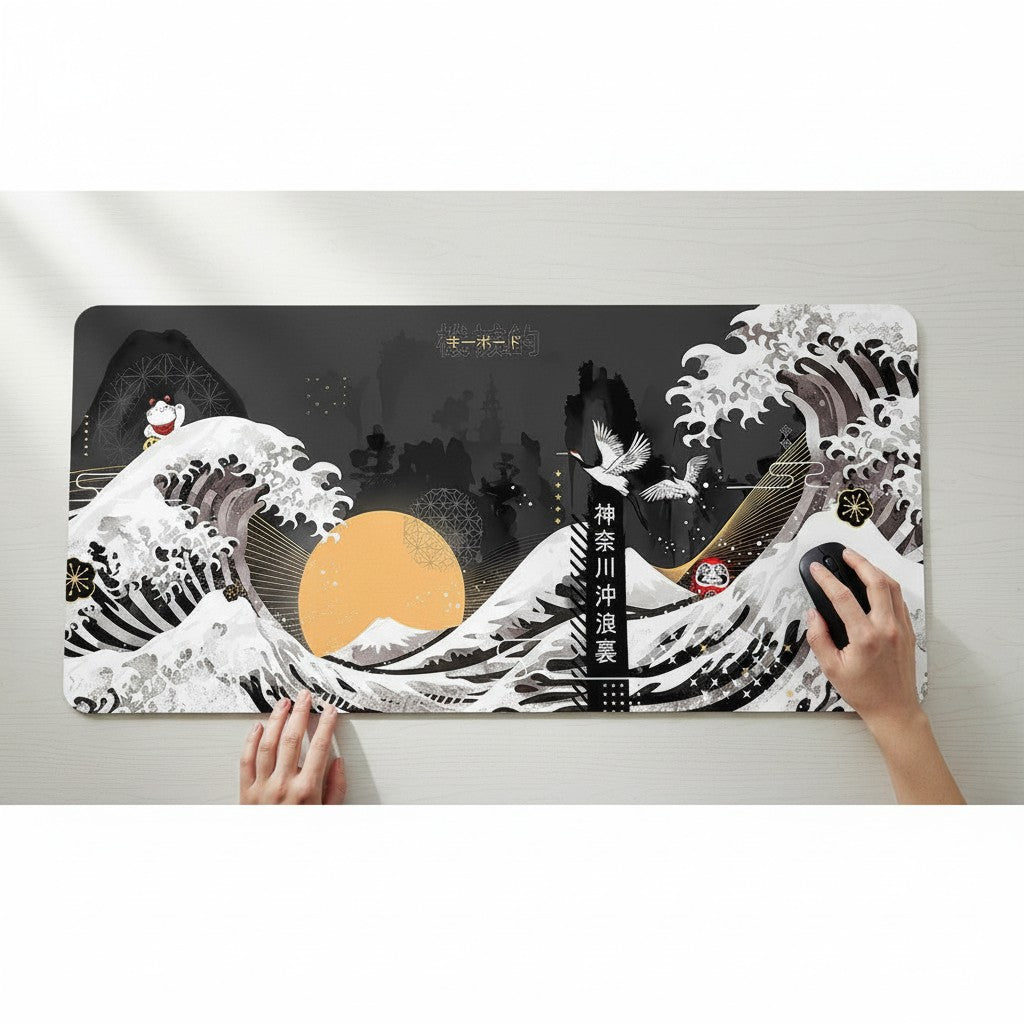 Doctor Desk XXL desk mat featuring a black and white Japanese wave design with cranes and a sun on a smooth cloth surface