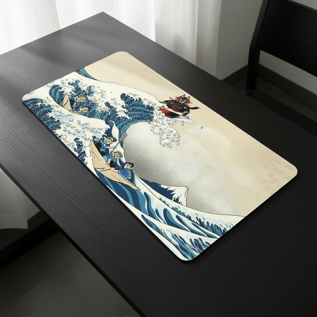 Doctor Desk XXL desk mat featuring a cream and navy Japanese wave art print with stitched edges on a black desk