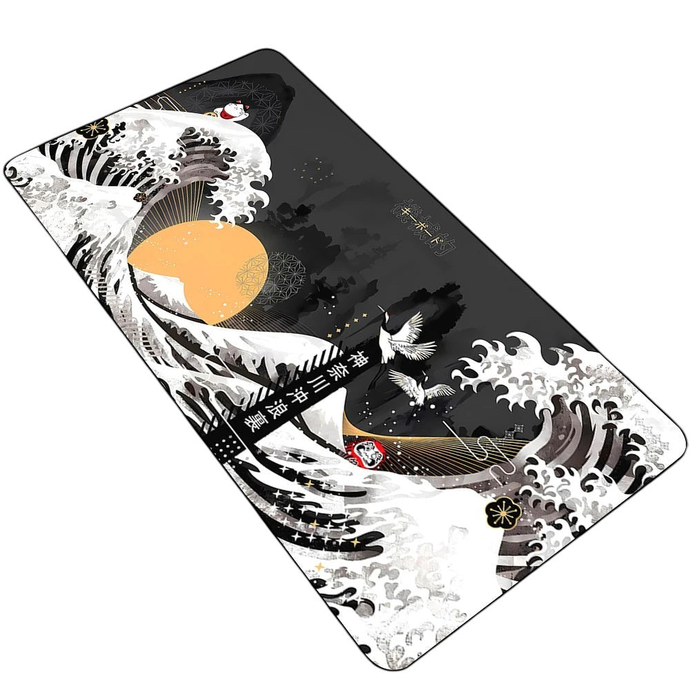 Doctor Desk XXL Japanese wave desk mat with black and white art, stitched edges, and non-slip rubber base.