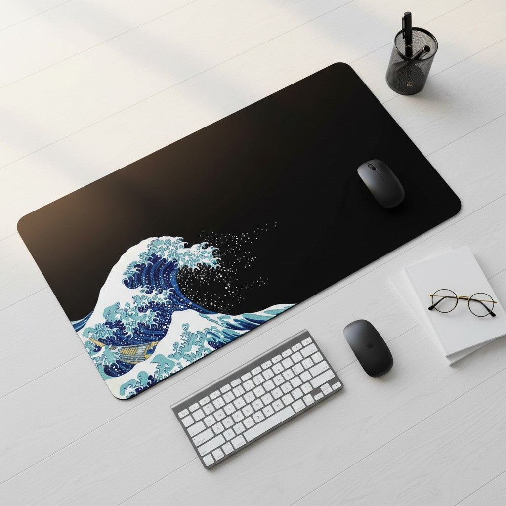 Doctor Desk XXL desk mat featuring a Japanese wave design on a black background with a non-slip rubber base.