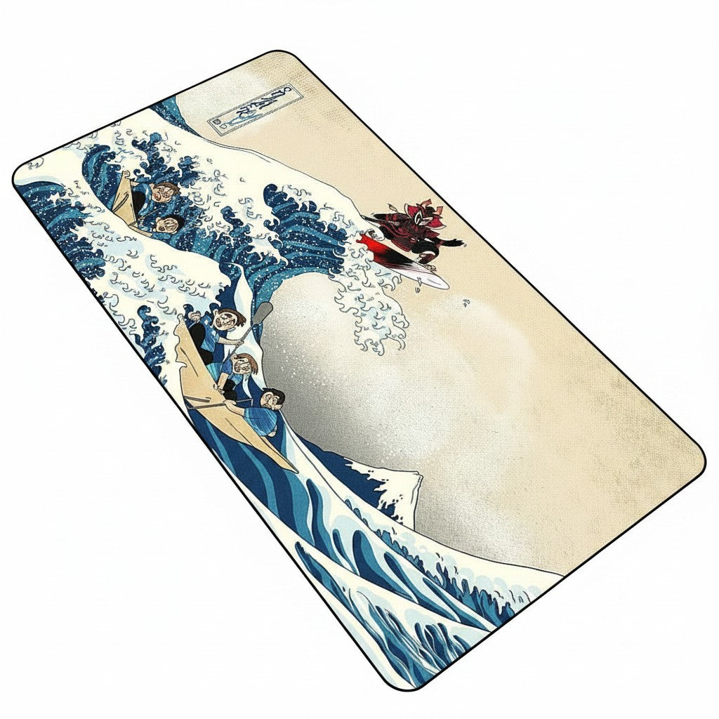Doctor Desk XXL desk mat featuring a cream-colored Japanese wave design with surfers and stitched edges.