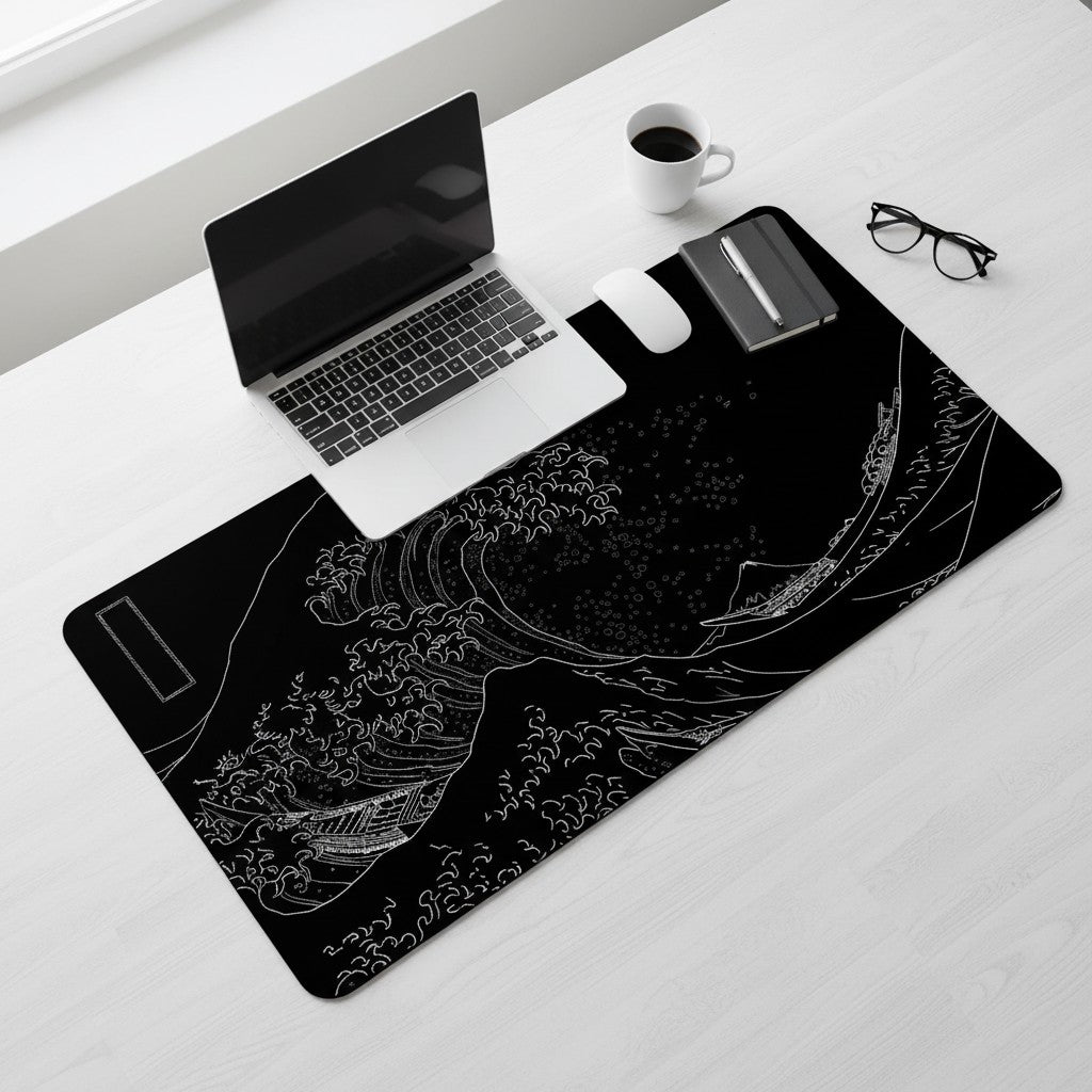 Doctor Desk XXL black and white Japanese wave desk mat with stitched edges on a white desk with a laptop and coffee.