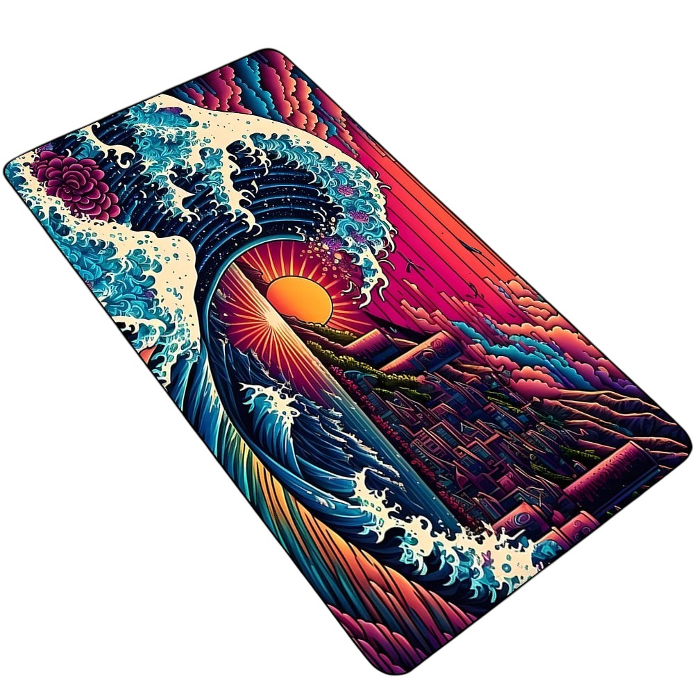 Doctor Desk XXL Japanese wave desk mat with vibrant neon sunset, ocean waves, and city skyline on a smooth cloth surface.