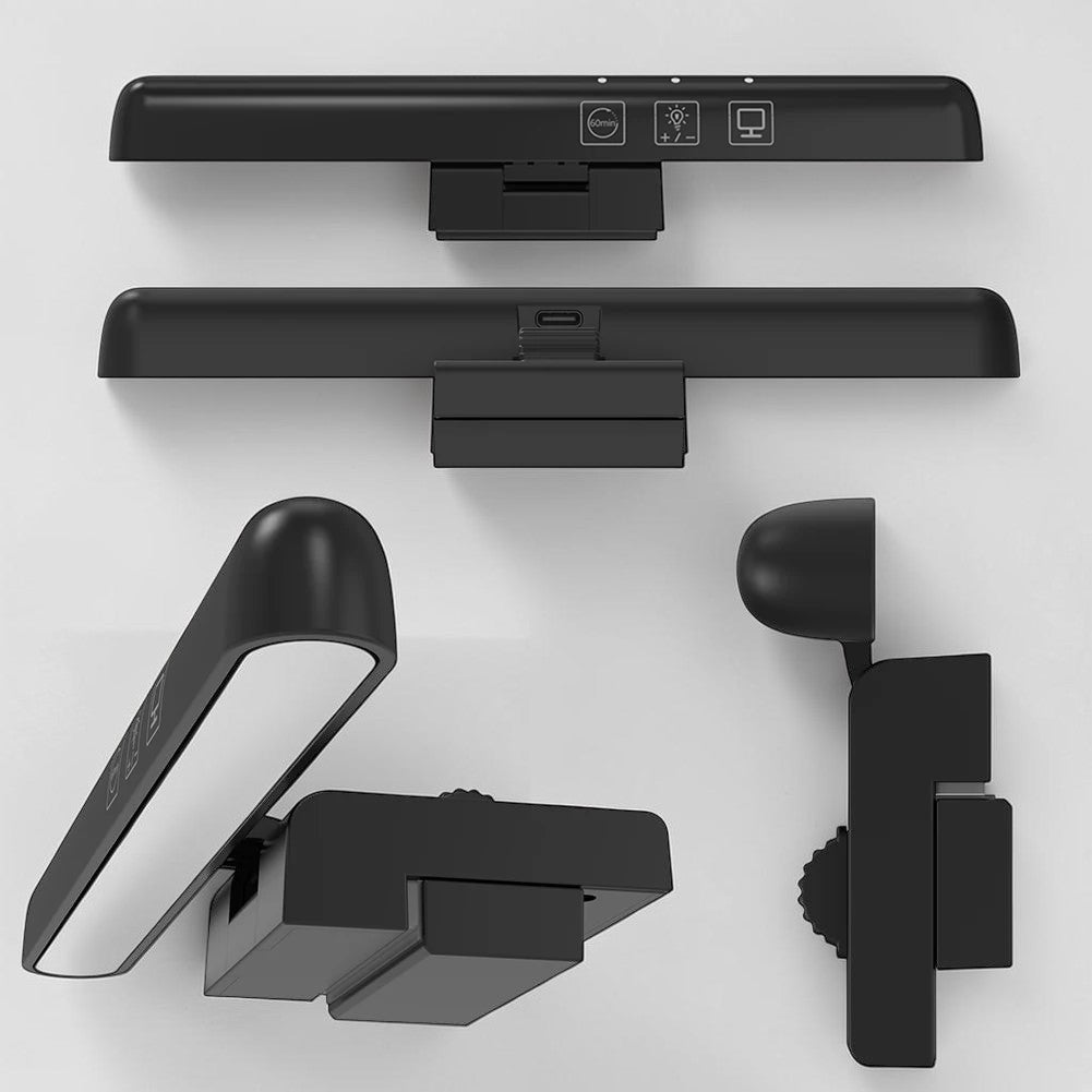 Doctor Desk LED monitor light bar with dimmable touch controls and USB power, shown from multiple angles.