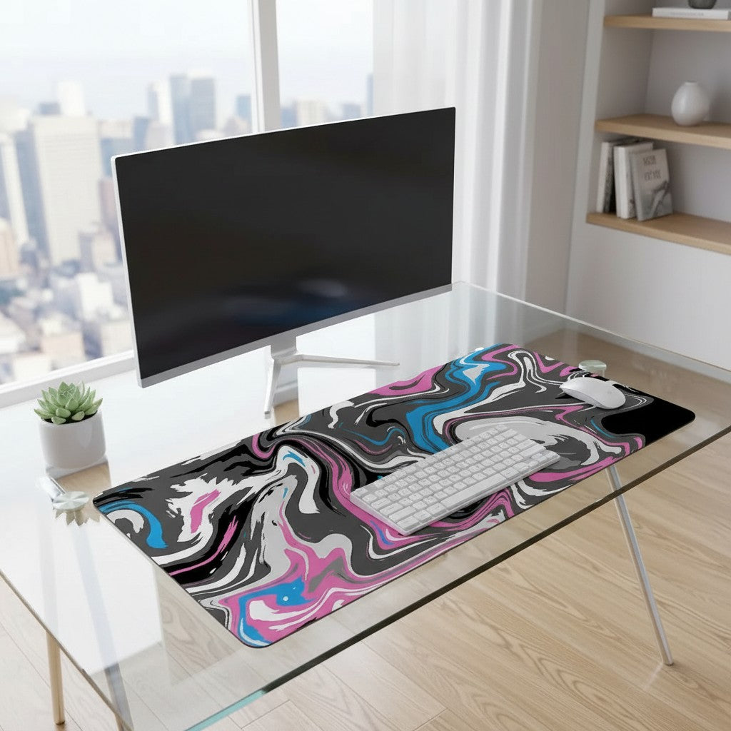 Doctor Desk XXL liquid swirl desk mat with pink, blue, grey, and black marble pattern on a glass desk setup.