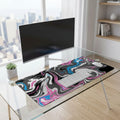 Doctor Desk XXL liquid swirl desk mat with pink, blue, grey, and black marble pattern on a glass desk setup.