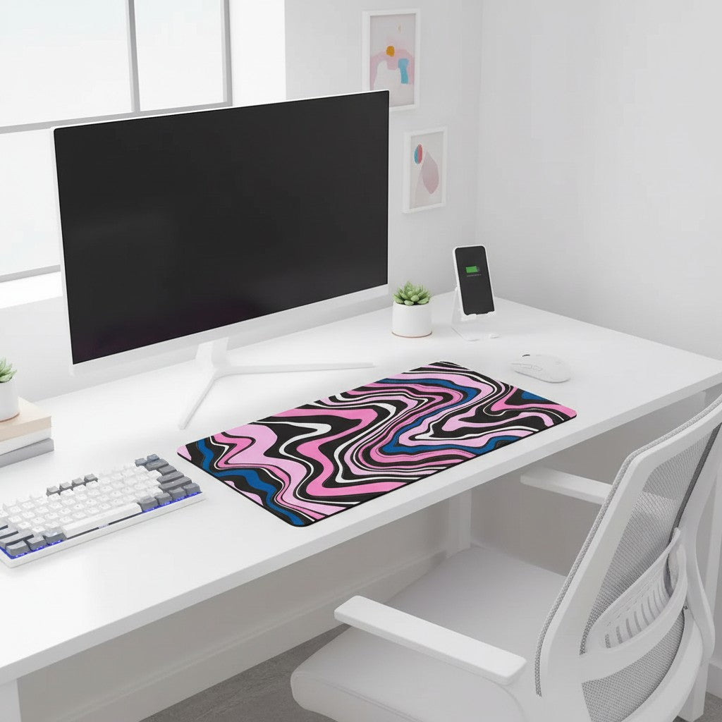 Doctor Desk XXL desk mat with pink, blue, and black liquid swirl pattern, featuring stitched edges on a white desk.