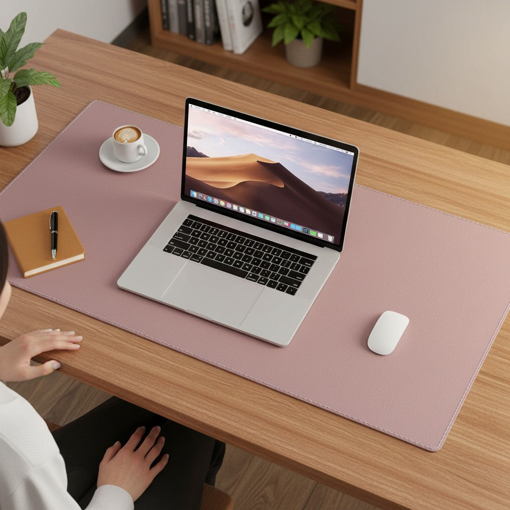 Doctor Desk pale mauve PU leather desk mat with stitched edges on a wooden office desk with a laptop and coffee