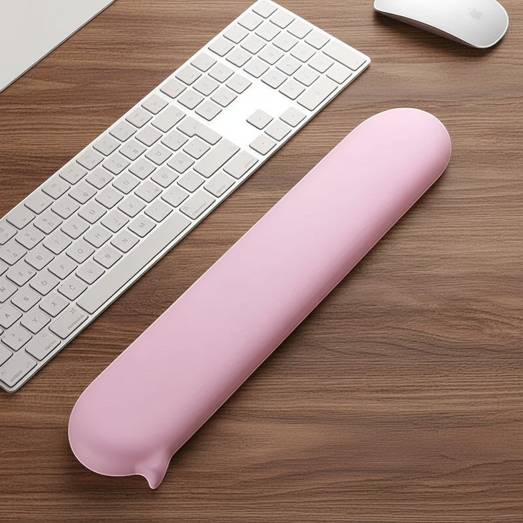 Doctor Desk pink silicone ergonomic keyboard wrist rest on a wooden desk next to a keyboard and mouse