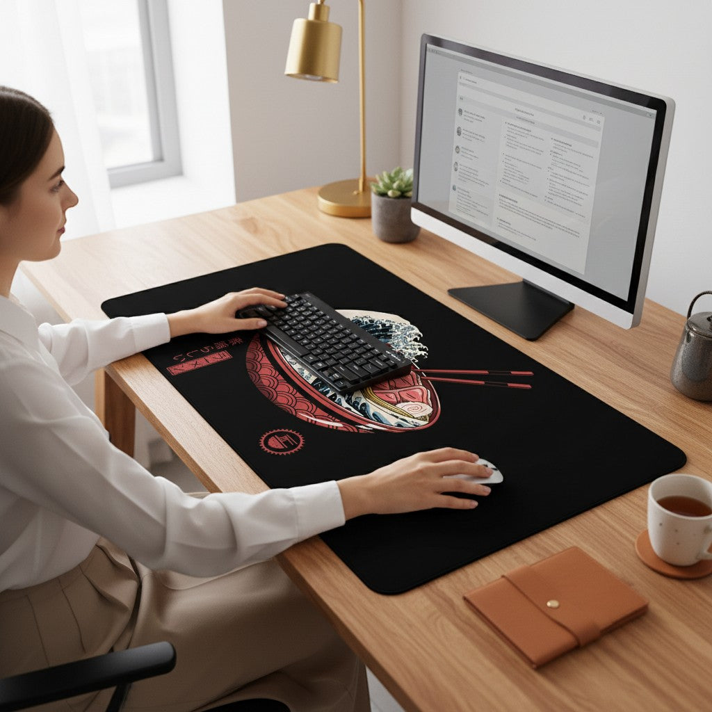 Doctor Desk XXL desk mat with Japanese ramen bowl art, featuring a smooth black surface and durable stitched edges.
