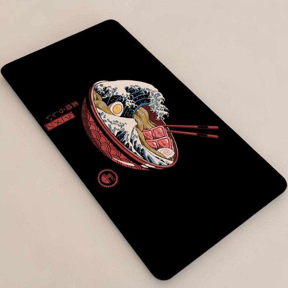 Doctor Desk XXL desk mat featuring a Japanese ramen bowl illustration with Great Wave art, stitched edges, and rubber base