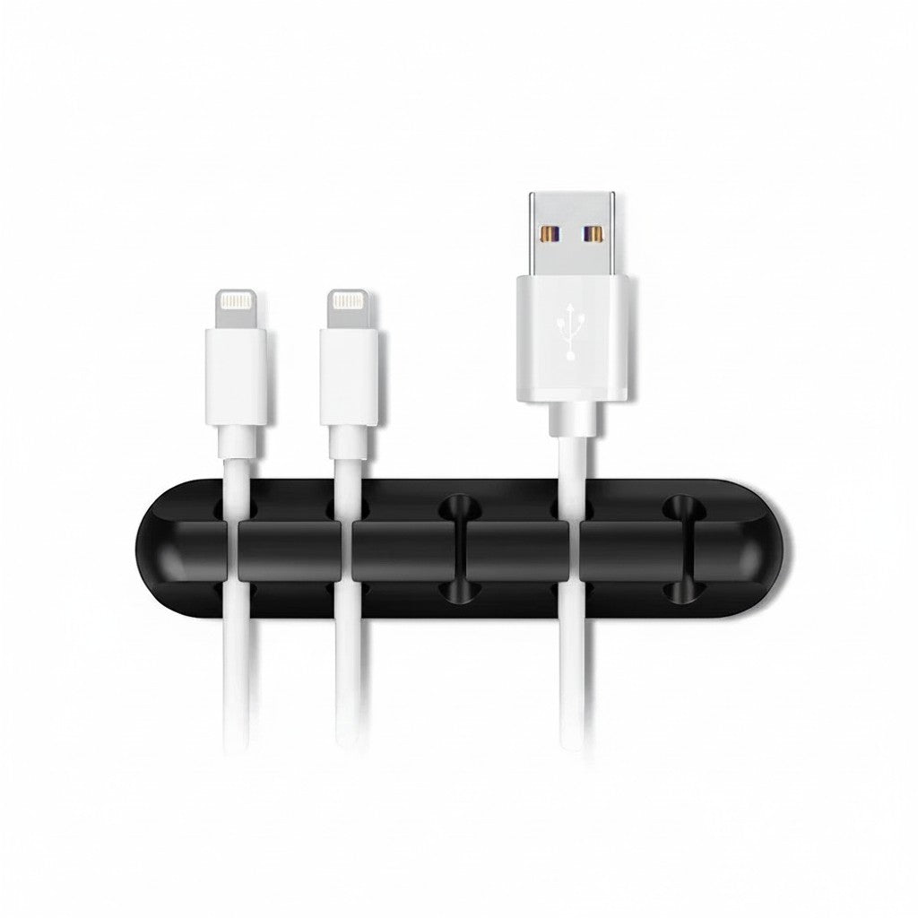 Doctor Desk grey silicone 3-slot cable clip holding white USB charging cables on a desk surface