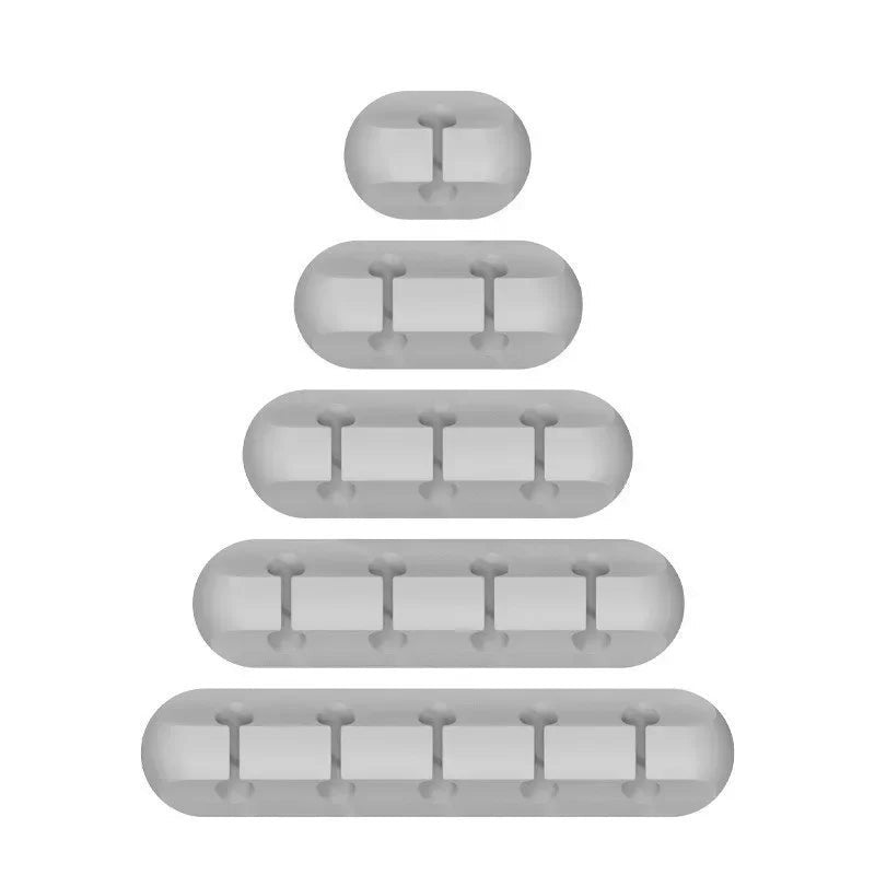 Doctor Desk grey silicone cable clips set featuring five different sizes with one to five slots for desk organization