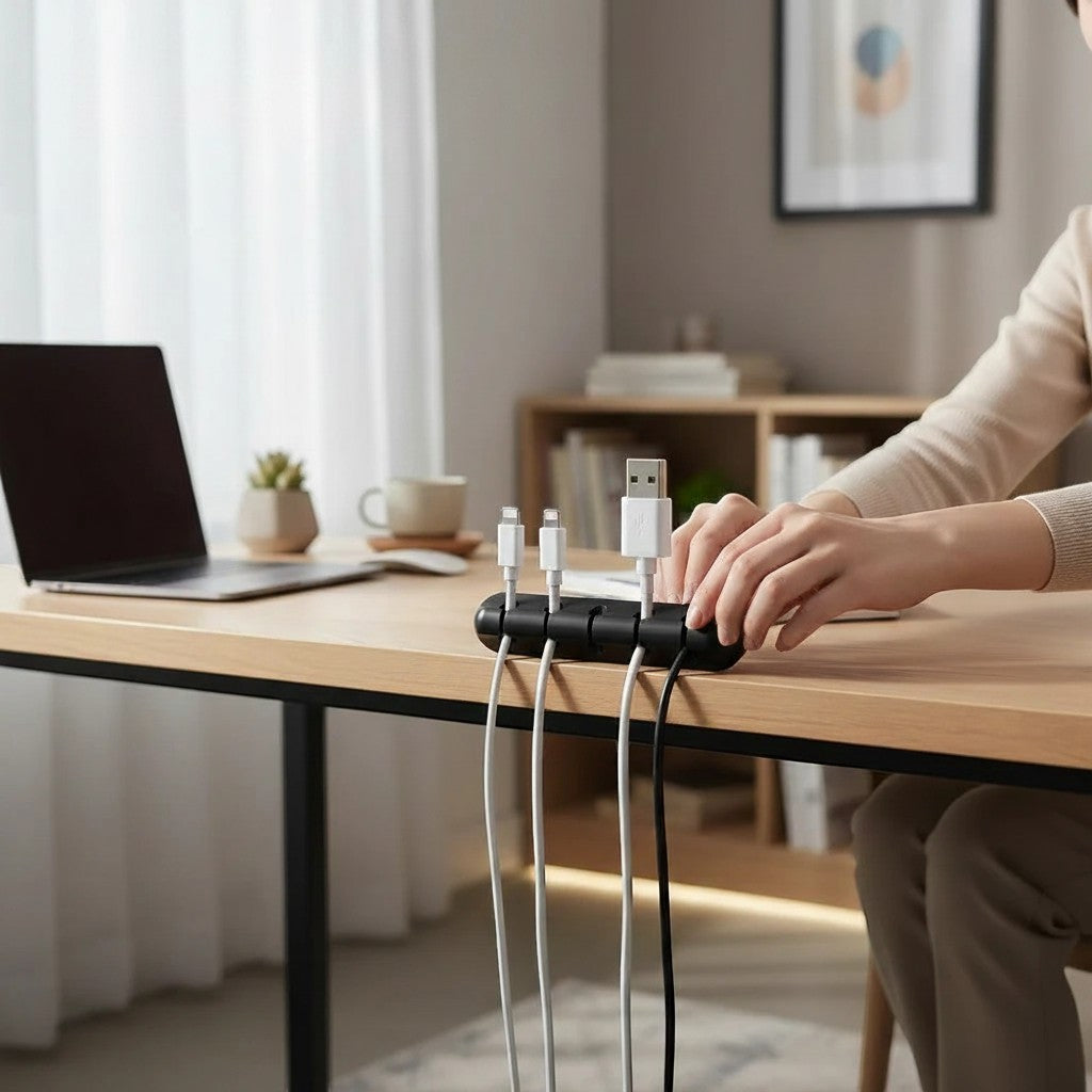 Doctor Desk grey silicone cable clips holding various charging cords on a wooden desk setup