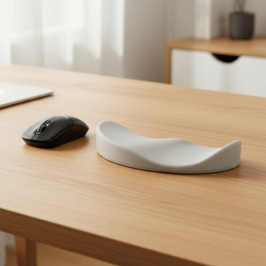 Doctor Desk silver grey ergonomic gel mouse wrist rest on a wooden desk next to a black computer mouse.
