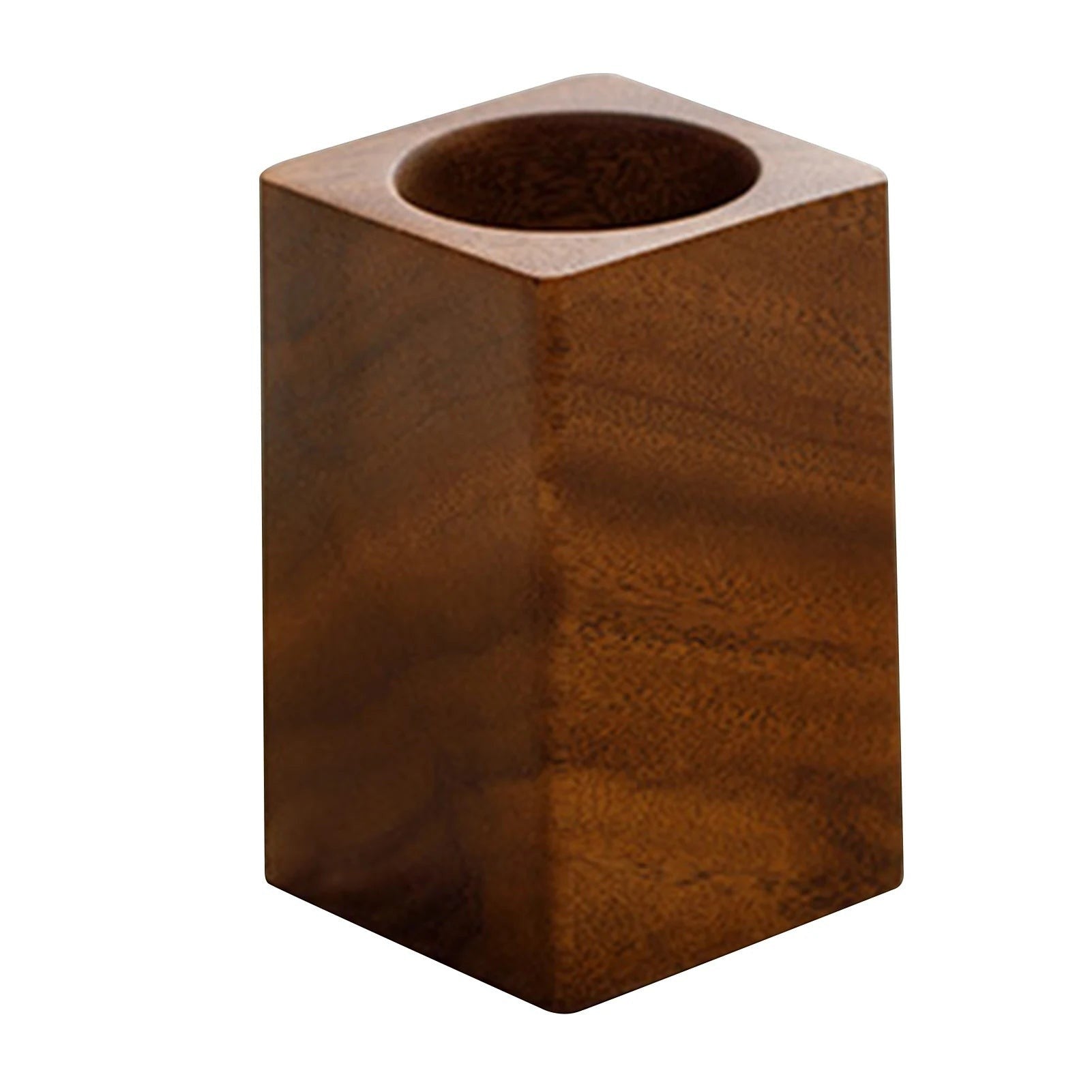 Doctor Desk walnut wood pen holder with a minimalist square design and visible natural wood grain texture.