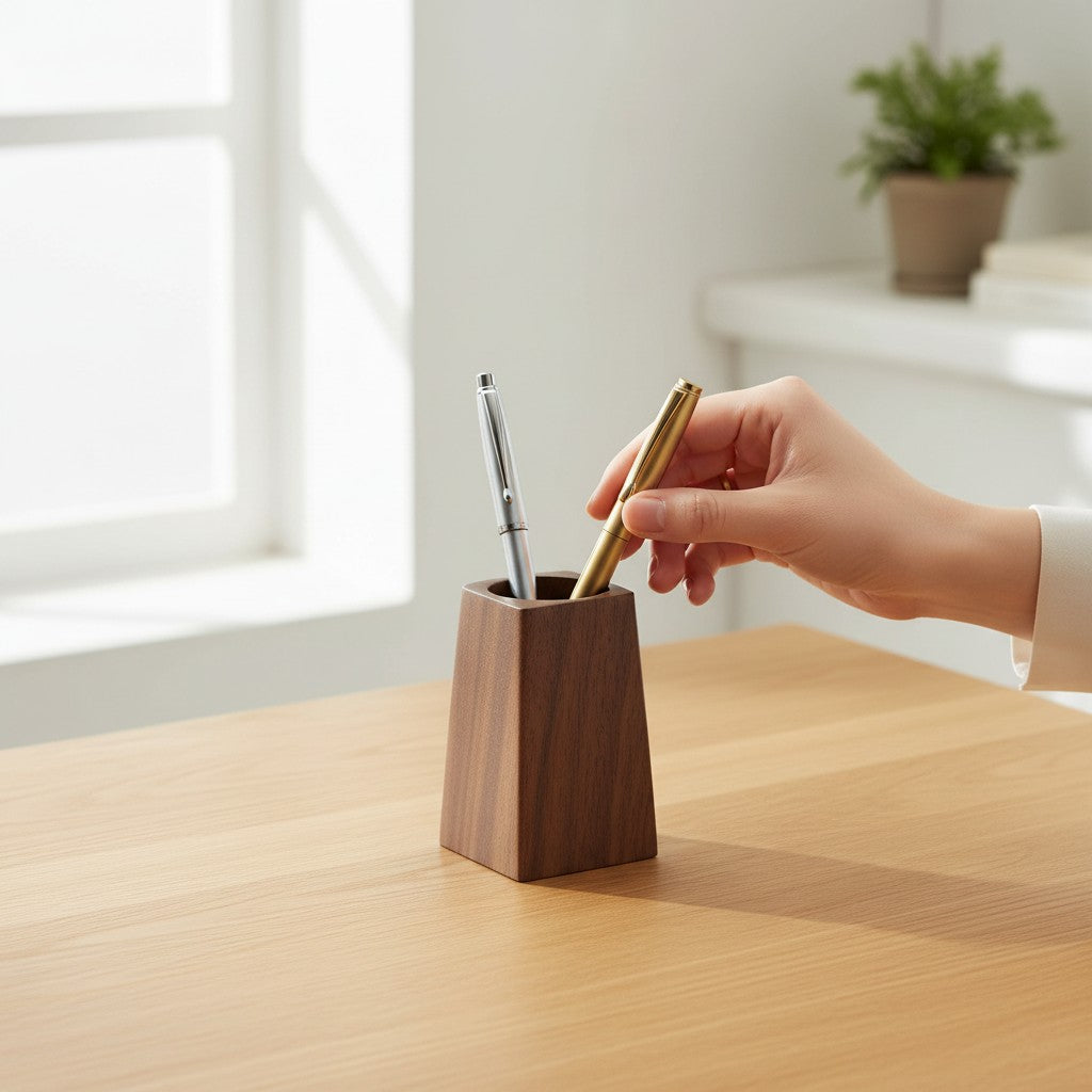 Doctor Desk solid walnut wood pen holder on a desk with a hand placing a gold pen inside